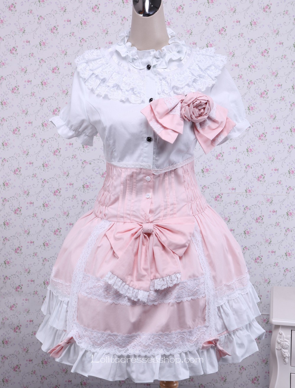 White and Pink Cotton Doll Collar Short Sleeve Bow Sweet Lolita Dress