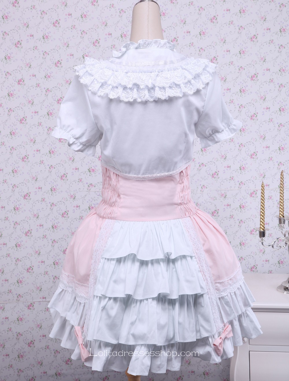 White and Pink Cotton Doll Collar Short Sleeve Bow Sweet Lolita Dress
