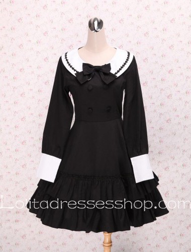 Round Neck Black Bow Pleated Hem Long Sleeve School Sailor Lolita Dress