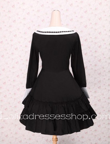 Round Neck Black Bow Pleated Hem Long Sleeve School Sailor Lolita Dress