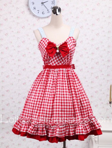 Red Cotton Straps Sleeveless Ruffles Bow Sailor Lolita Dress