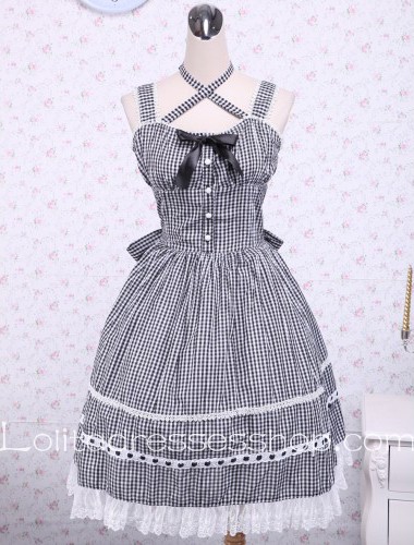 Black Lattice Cotton Cross Lace Trim Sailor Lolita Dress