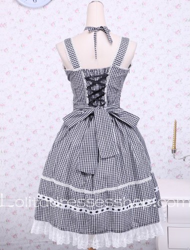 Black Lattice Cotton Cross Lace Trim Sailor Lolita Dress