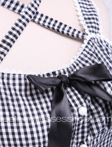 Black Lattice Cotton Cross Lace Trim Sailor Lolita Dress
