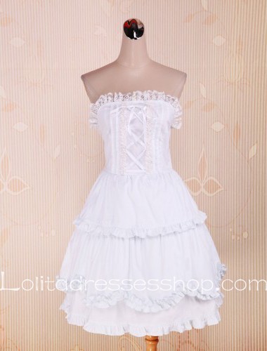 White Cotton Lace Trim Multilayer Strapless Sailor Lolita Dress