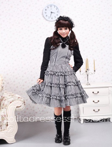 Black Lattice Straps Sleeveless White Gingham Sailor Lolita Dress