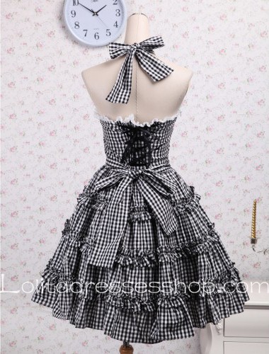 Black Lattice Straps Sleeveless White Gingham Sailor Lolita Dress