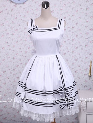 White Cotton Bow Lace Trim Square Neck Sleeveless Sailor Lolita Dress