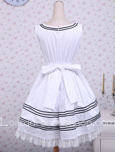 White Cotton Bow Lace Trim Square Neck Sleeveless Sailor Lolita Dress