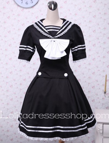 Black Cotton White Bow Lace Trim Sailor Lolita Dress
