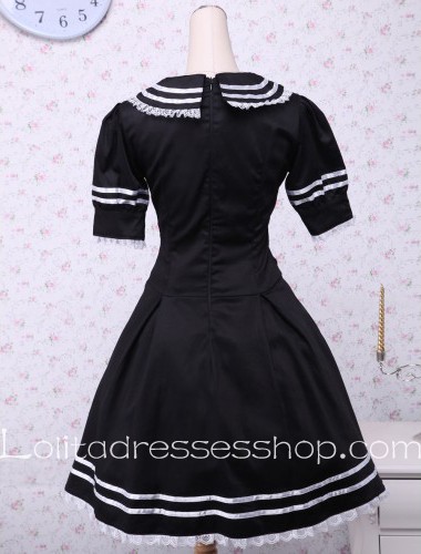 Black Cotton White Bow Lace Trim Sailor Lolita Dress