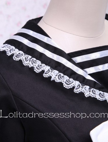 Black Cotton White Bow Lace Trim Sailor Lolita Dress