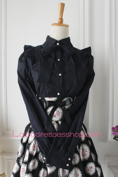 Black Cotton Lapel Long Sleeve Bowknot Lolita Blouse