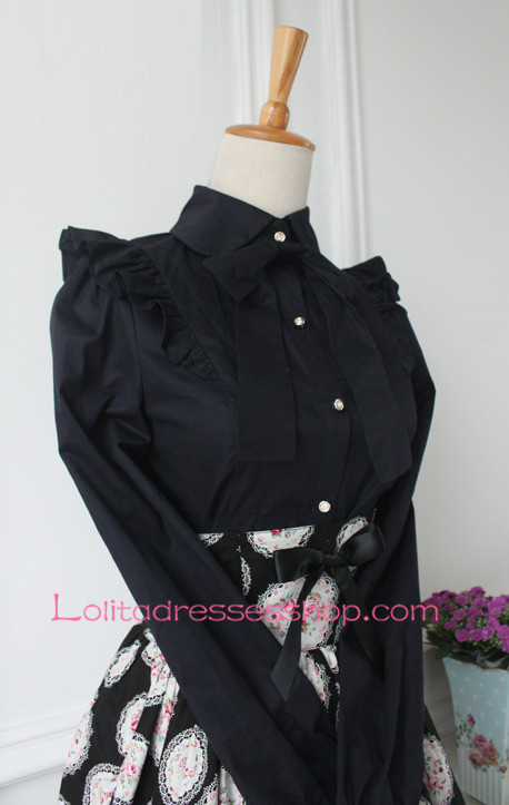 Black Cotton Lapel Long Sleeve Bowknot Lolita Blouse