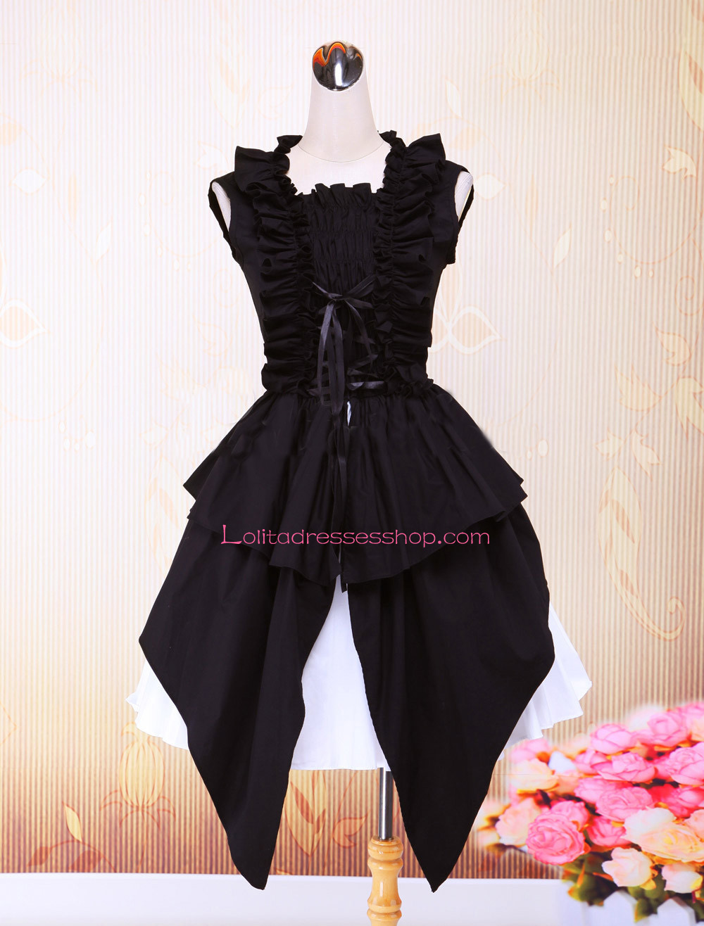 Black and White Cotton Round Neck Sleeveless Splicing Gothic Lolita Dress