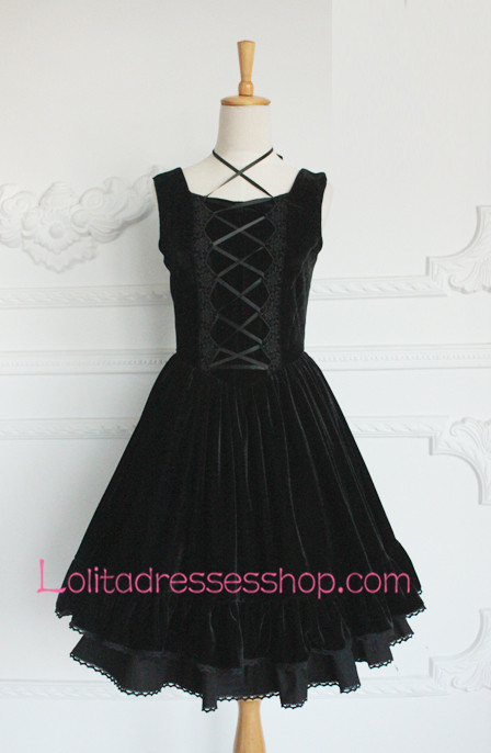 Elegant Plain Black Cotton Square Neck Sleeveless Gothic Lolita Dress