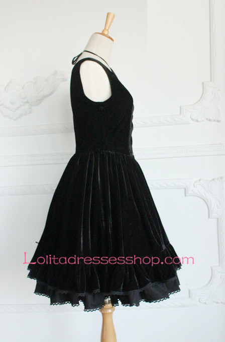 Elegant Plain Black Cotton Square Neck Sleeveless Gothic Lolita Dress