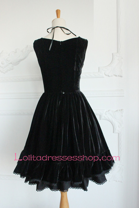 Elegant Plain Black Cotton Square Neck Sleeveless Gothic Lolita Dress