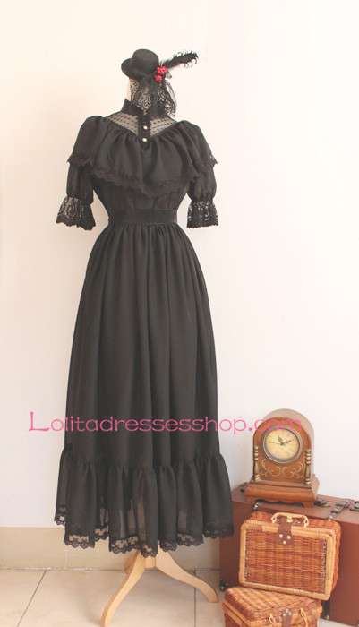 Elegant A-line Black Lace Trim Gothic Lolita Dress