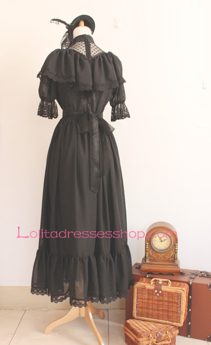 Elegant A-line Black Lace Trim Gothic Lolita Dress