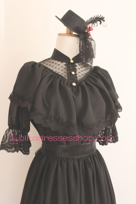 Elegant A-line Black Lace Trim Gothic Lolita Dress