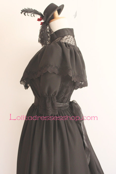 Elegant A-line Black Lace Trim Gothic Lolita Dress