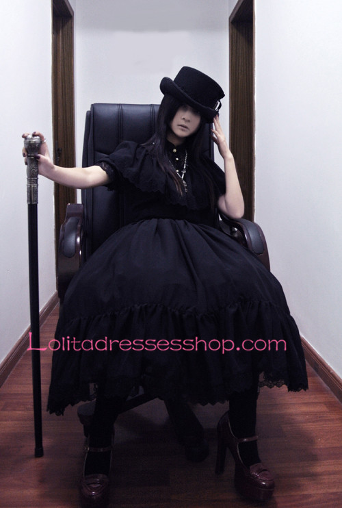 Elegant A-line Black Lace Trim Gothic Lolita Dress