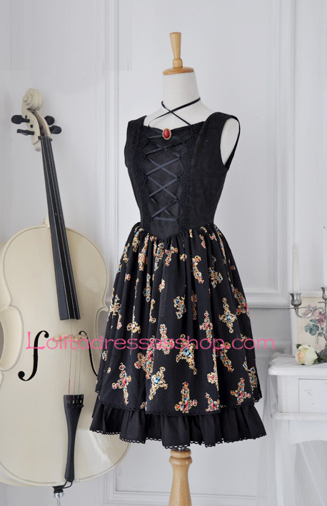 Vintage Black Floral Cross Gem Gothic Lolita Dress