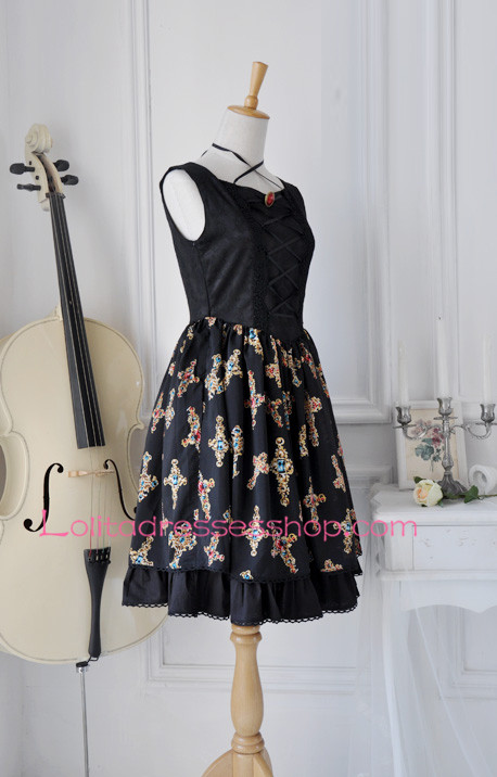 Vintage Black Floral Cross Gem Gothic Lolita Dress