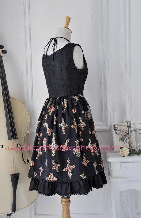 Vintage Black Floral Cross Gem Gothic Lolita Dress