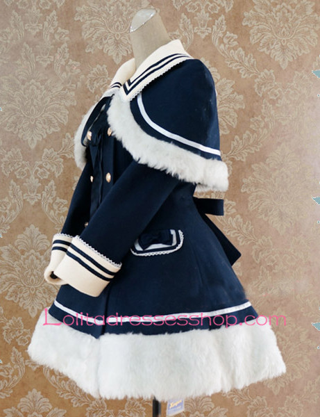 Navy blue Wool Blended Cap Shoulder Long Sleeves Wool Trim Lolita Coat