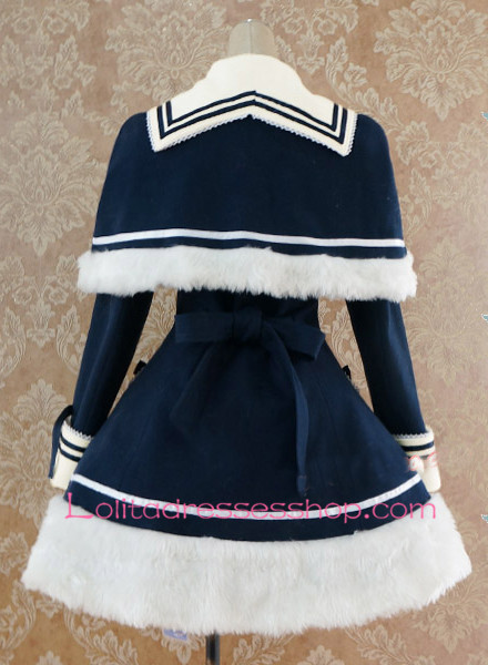 Navy blue Wool Blended Cap Shoulder Long Sleeves Wool Trim Lolita Coat
