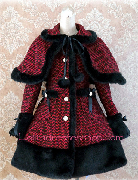 Dark Red Lattice Cap Shoulder Long Sleeves Button Lolita Coat