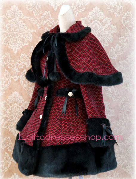 Dark Red Lattice Cap Shoulder Long Sleeves Button Lolita Coat