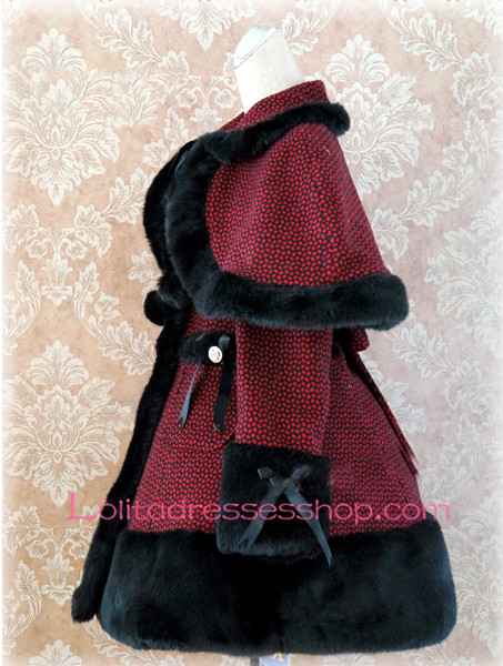 Dark Red Lattice Cap Shoulder Long Sleeves Button Lolita Coat