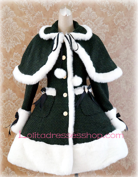 Green Lattice Cap Shoulder Long Sleeves Button Lolita Coat