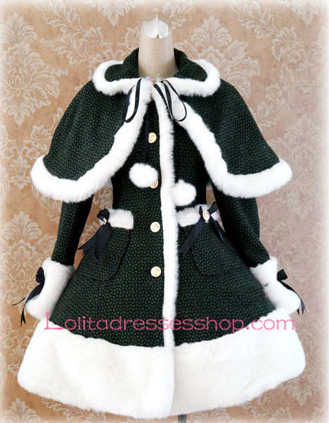 Green Lattice Cap Shoulder Long Sleeves Button Lolita Coat