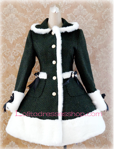 Green Lattice Lapel Long Sleeves Button Lolita Coat