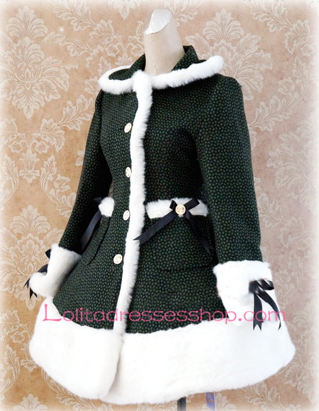 Green Lattice Lapel Long Sleeves Button Lolita Coat