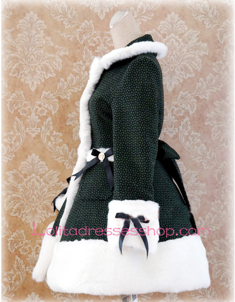 Green Lattice Lapel Long Sleeves Button Lolita Coat