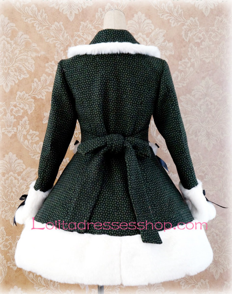 Green Lattice Lapel Long Sleeves Button Lolita Coat