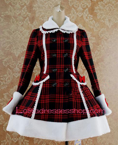 Slim Single-Breasted Black and Red Grid Bow Flouncing Lolita Coat