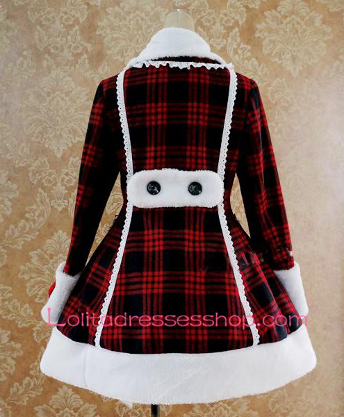 Slim Single-Breasted Black and Red Grid Bow Flouncing Lolita Coat