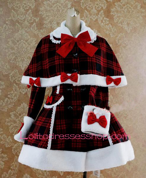 Slim Single-Breasted Black and Red Grid Cap Shoulder Bow Flouncing Lolita Coat