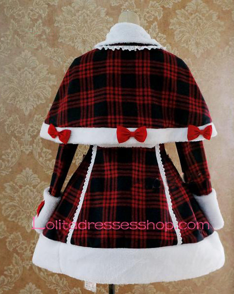 Slim Single-Breasted Black and Red Grid Cap Shoulder Bow Flouncing Lolita Coat