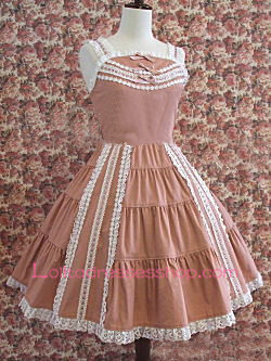 Coffee Cotton Straps Sleeveless Lace Trim with Bow Sweet Lolita Dress