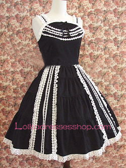 Sweet Black Cotton White Lace Trim Straps Sleeveless Lolita Dress