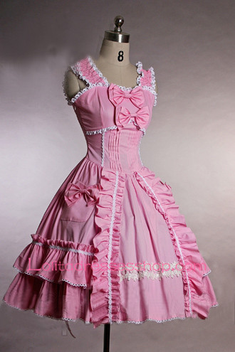 Pink Cotton Straps Sleeveless Flouncing with Bows Sweet Lolita Dress