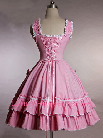 Pink Cotton Straps Sleeveless Flouncing with Bows Sweet Lolita Dress