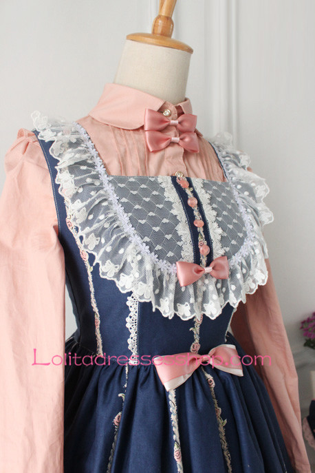 Fairy Tales Princess Blue Cotton Stand Collar Pink Lace Trim Sweet Lolita Dress